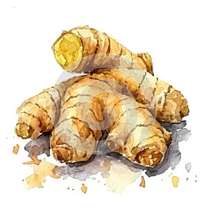 A beautifully rendered watercolor of ginger root with its textured skin photo