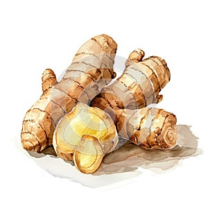 A beautifully rendered watercolor of ginger root with its textured skin photo