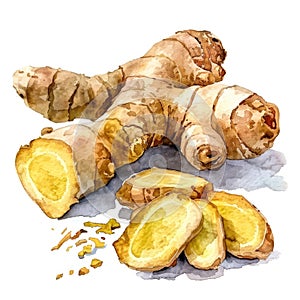 A beautifully rendered watercolor of ginger root with its textured skin photo