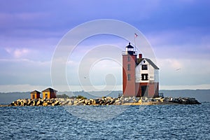 Beautifully restored Historic Round Island Lighthouse near Mackinac Island Michigan photo
