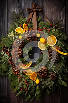 A beautifully scented natural wreath hang on the door. Wreath decorate with dried seed heads, pine cones and berries