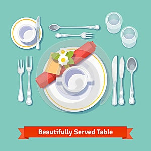 Beautifully served table. Formal dinner setting