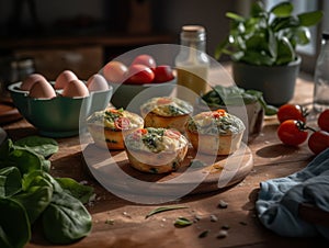 Beautifully Set Breakfast Table with Avocado Egg Muffins, Spinach, and Tomatoes