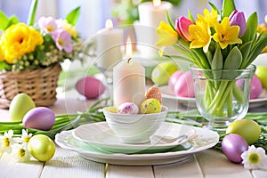 Easter table setting with candle and flowers