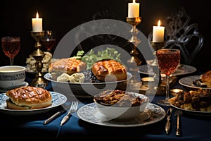 A beautifully set Hanukkah table with latkes, challah bread, and other traditional dishes, ready for a festive gathering