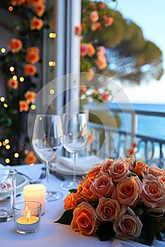 A beautifully set table adorned with blooming flowers and flickering candles, creating a harmonious and magical ambiance