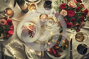 A beautifully set table adorned with a variety of delicious dishes, elegant plates of food, and flickering candles