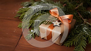A Beautifully Wrapped Christmas Gift Adorned with Evergreen Branches and a Rustic Star