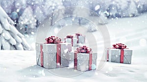 Beautifully wrapped Christmas gifts nestled in a serene winter landscape with snowflakes