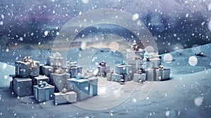 Beautifully wrapped Christmas gifts nestled in a serene winter landscape with snowflakes