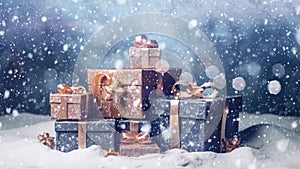 Beautifully wrapped Christmas gifts nestled in a serene winter landscape with snowflakes