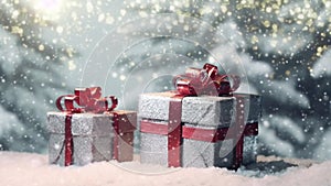Beautifully wrapped Christmas gifts nestled in a serene winter landscape with snowflakes