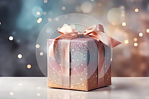 Beautifully wrapped gift box adorned with bow, set against the backdrop of twinkling