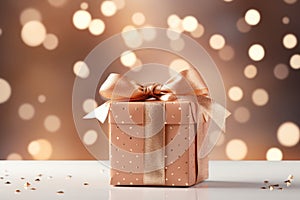 Beautifully wrapped gift box adorned with bow, set against the backdrop of twinkling Christmas lights