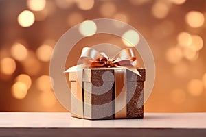 Beautifully wrapped gift box adorned with bow, set against the backdrop of twinkling Christmas lights, evoking the festi