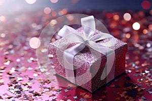 Beautifully wrapped gift box adorned with bow, set against the backdrop of twinkling Christmas lights, evoking the festi