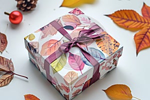A beautifully wrapped gift box, adorned with a bow, sitting on a wooden table amidst a colorful carpet of autumn leaves, Gift box