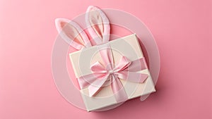 A beautifully wrapped gift box with pink bunny ears on a pastel pink background for Easter