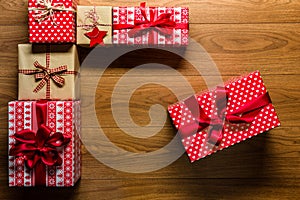 Beautifully wrapped presents on wooden background