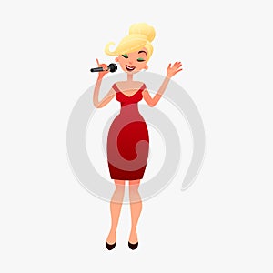 Beautilul blonde woman star celebrity jazz singer in red dress with microphone. Young girl is singing karaoke at a party