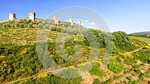 Beautiul aerial view of Monteriggioni, Tuscany medieval town on