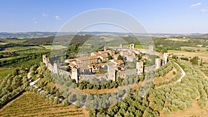 Beautiul aerial view of Monteriggioni, Tuscany medieval town on