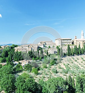 Beautiul aerial view of Pienza, Tuscany medieval town on the hill