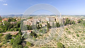 Beautiul aerial view of Pienza, Tuscany medieval town on the hill