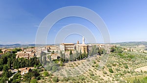Beautiul aerial view of Pienza, Tuscany medieval town on the hill