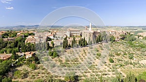 Beautiul aerial view of Pienza, Tuscany medieval town on the hill