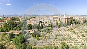 Beautiul aerial view of Pienza, Tuscany medieval town on the hill