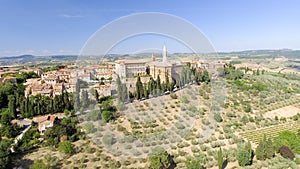 Beautiul aerial view of Pienza, Tuscany medieval town on the hill