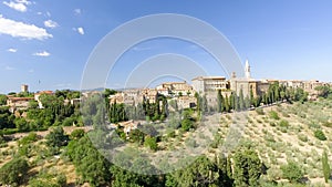 Beautiul aerial view of Pienza, Tuscany medieval town on the hill