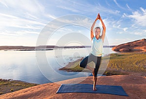 Beautoful Lake and Girl Doing Yoga