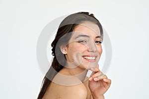 Happy Latin young woman with freckles on face isolated on white. Portrait.