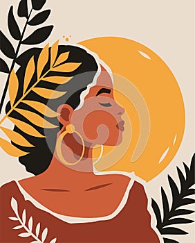 Beauty African woman portrait on vintage tropical summer sun paint modern minimal poster vector flat illustration