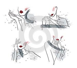 Beauty artistic portraits, line art vector illustration