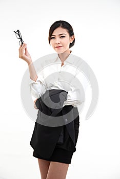 Beauty asain woman dress white shirt undress suit hand hold glasses isolate on white background photo