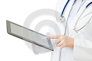 Beauty asian doctor using digital tablet pad touch screen