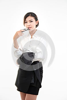 Beauty asian woman dress white shirt undress suit hand hold glasses isolate on white background