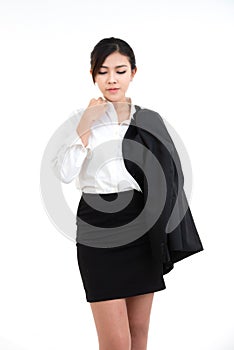 Beauty asian woman dress white shirt undress suit hand hold glasses isolate on white background