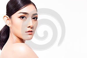 Beauty asian woman face healthy skin, natural makeup. Portrait young model lady face, close up. Beautiful model girl with perfect