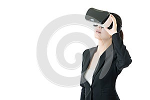 Beauty asian woman look through VR glasses for business