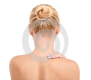 Beauty, back and woman in studio for wellness, glowing skin or treatment on white background. Dermatology, shine or