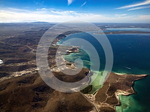 The beauty of Balandra beach in La paz BCS mexico, aerial view from plane before landing photo