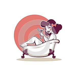 Beauty in the Bath, Cute Cartoon Pinup Girl, Taking Bath and Drinking a Cocktail photo