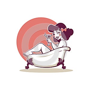 Beauty in the Bath, Cute Cartoon Pinup Girl, Taking Bath and Drinking a Cocktail