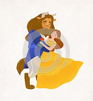 Beauty and Beast dancing waltz. Young woman and bewitched creature from magic tale. Adorable fairytale characters