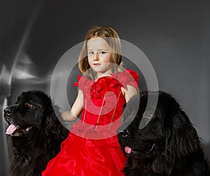 Beauty and the Beast. Girl with big black water-dog.