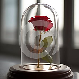 Beauty and the beast red rose petals. Red rose in glass dome. bright colors.